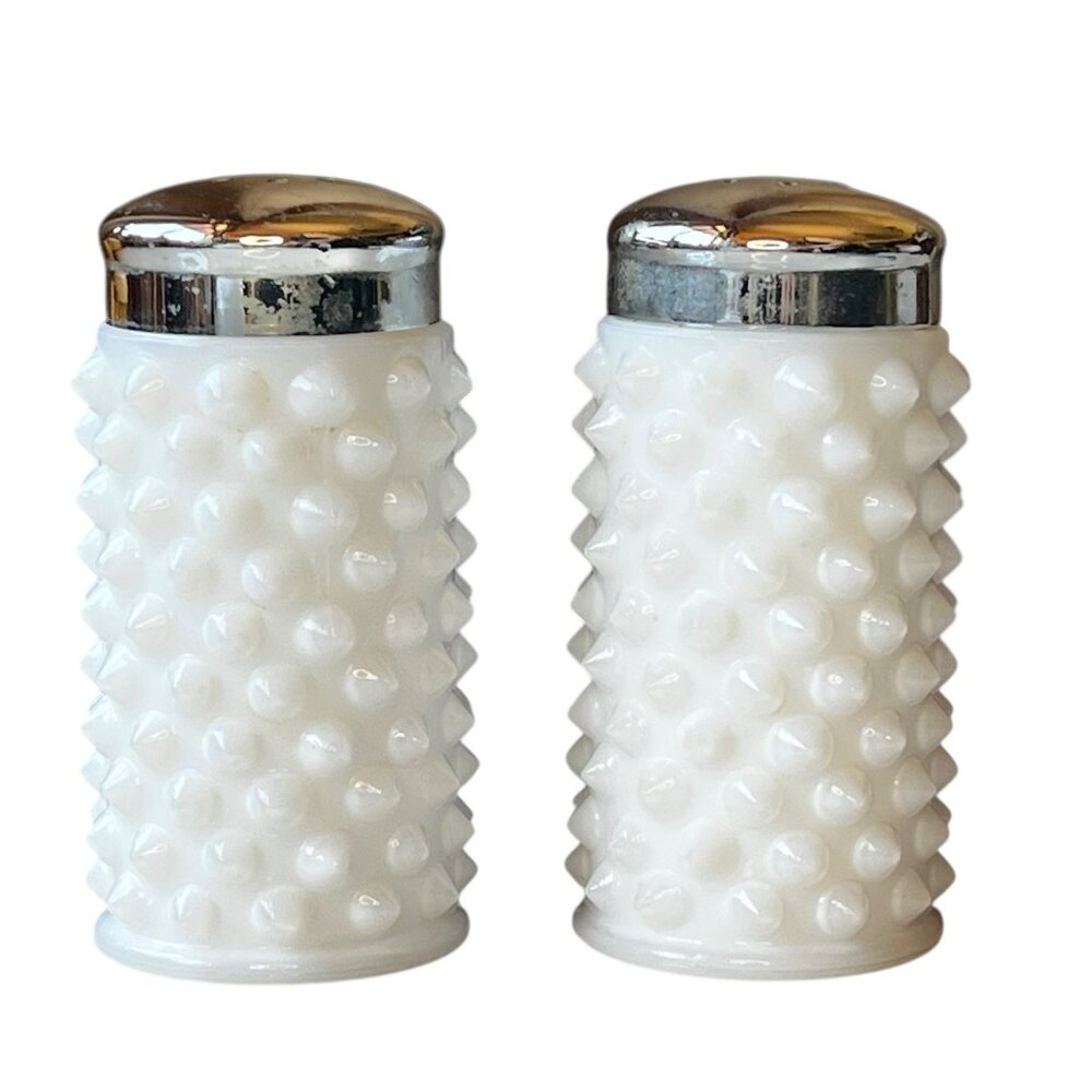 Hobnail Milk Glass Salt & Pepper Shakers Metal Lids Vintage Country Cottage Core